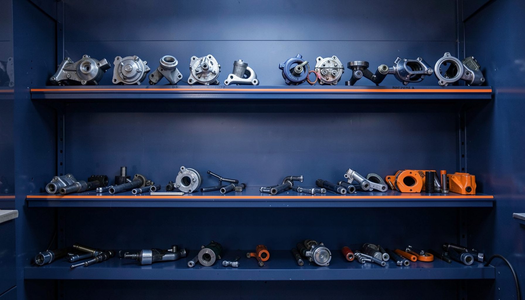 A tidy navy-blue and orange toned photograph of motorcycle spare parts arranged symmetrically on a workshop shelf, calm and orderly mood