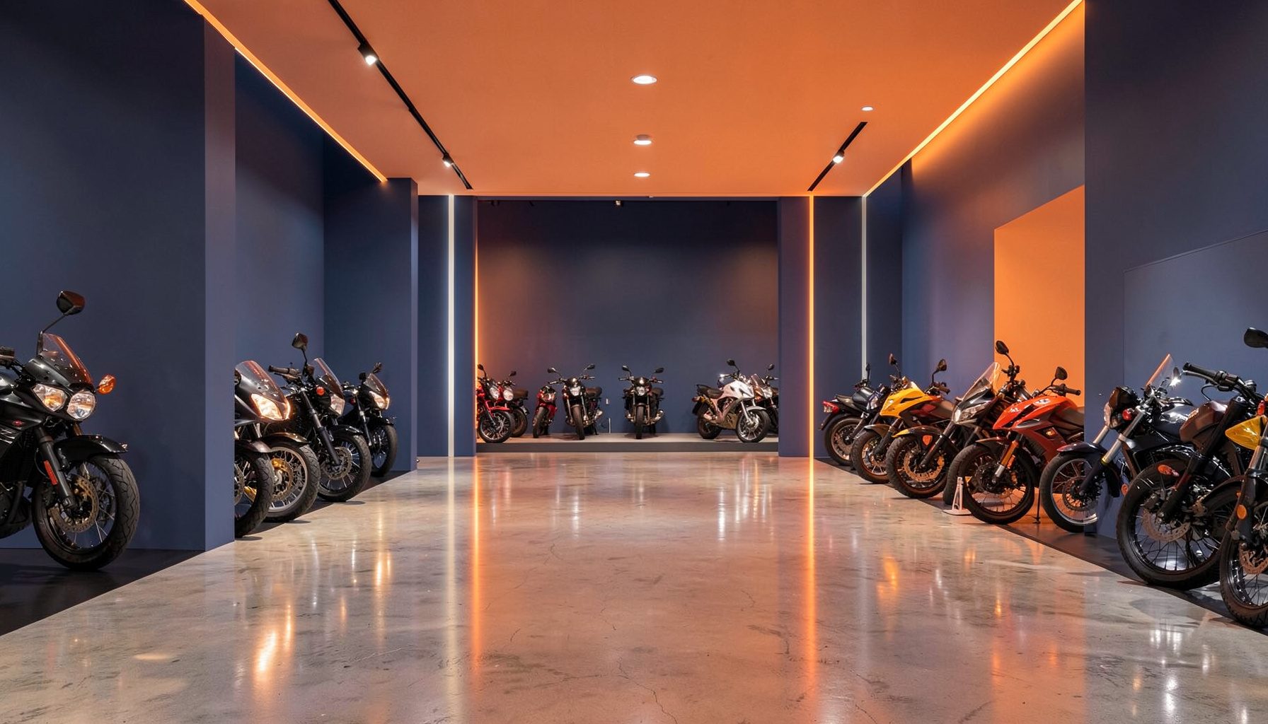 Clean architectural view of a motorcycle showroom with polished floor, soft navy walls and accent lighting in warm orange.