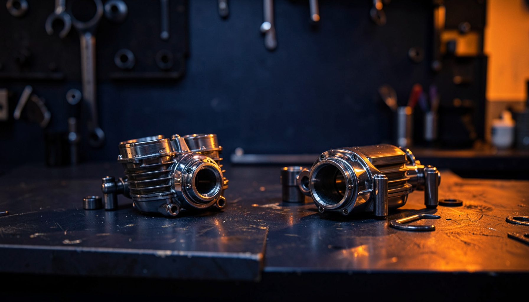 Close-up of polished chrome motorcycle engine components arranged on a dark workshop bench, deep navy and steel tones with warm orange workshop lighting.