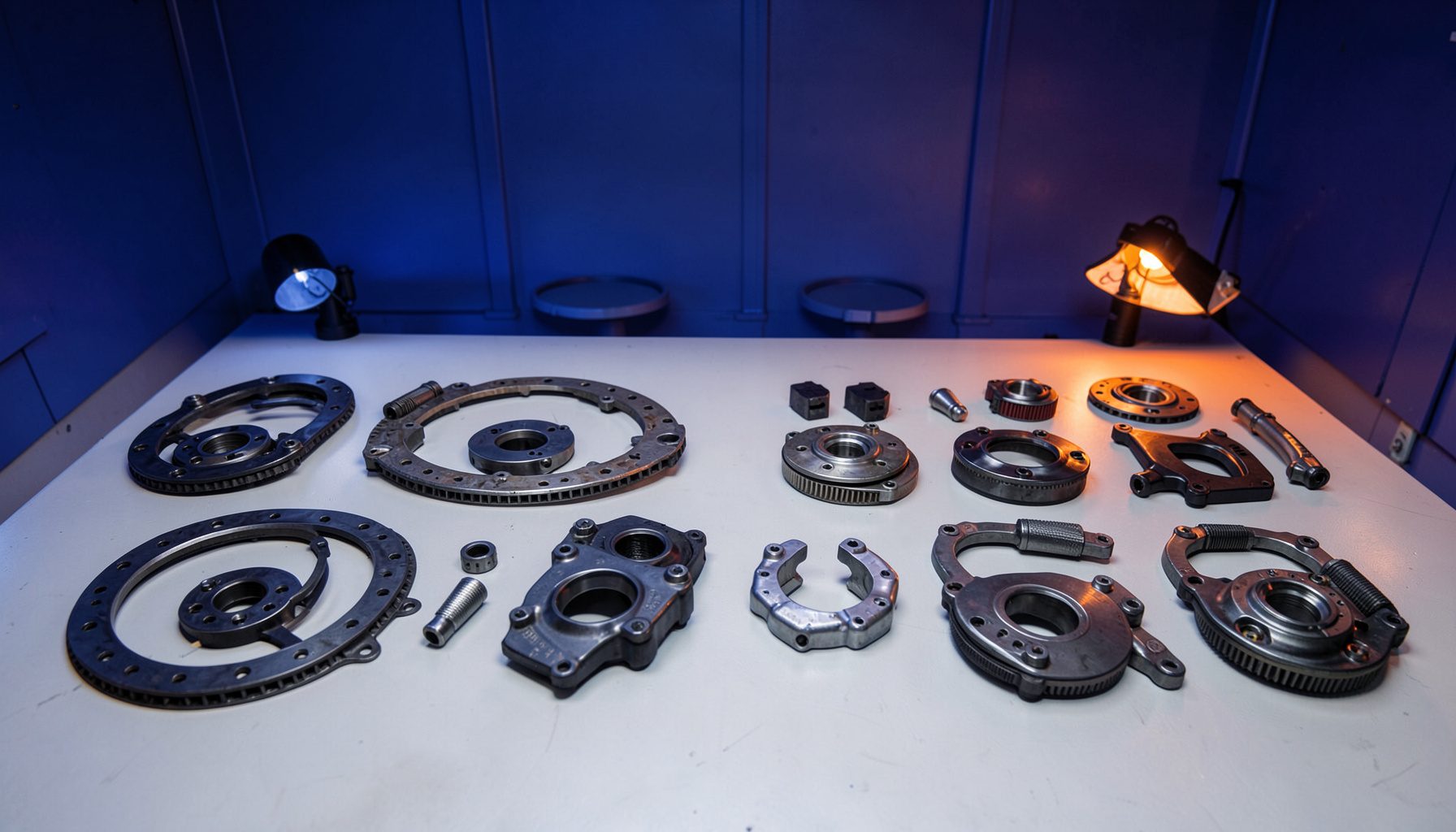 Rows of motorcycle parts laid out on a light grey workshop surface, including brake discs, filters and pistons, with navy blue and orange workshop lighting.