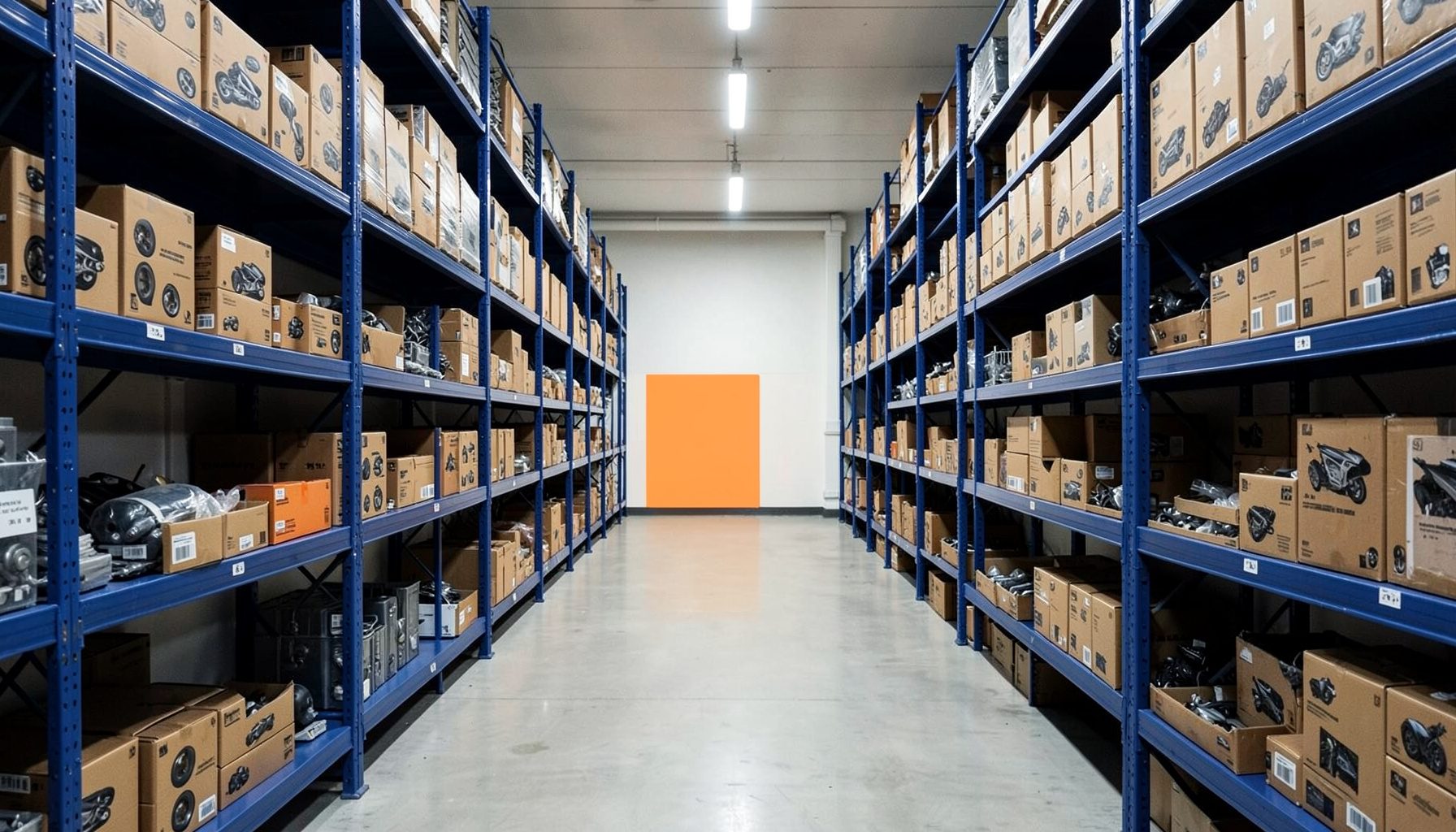 Symmetrical warehouse aisle with tidy navy blue shelving holding boxed motorcycle parts, softly lit, calm and orderly mood