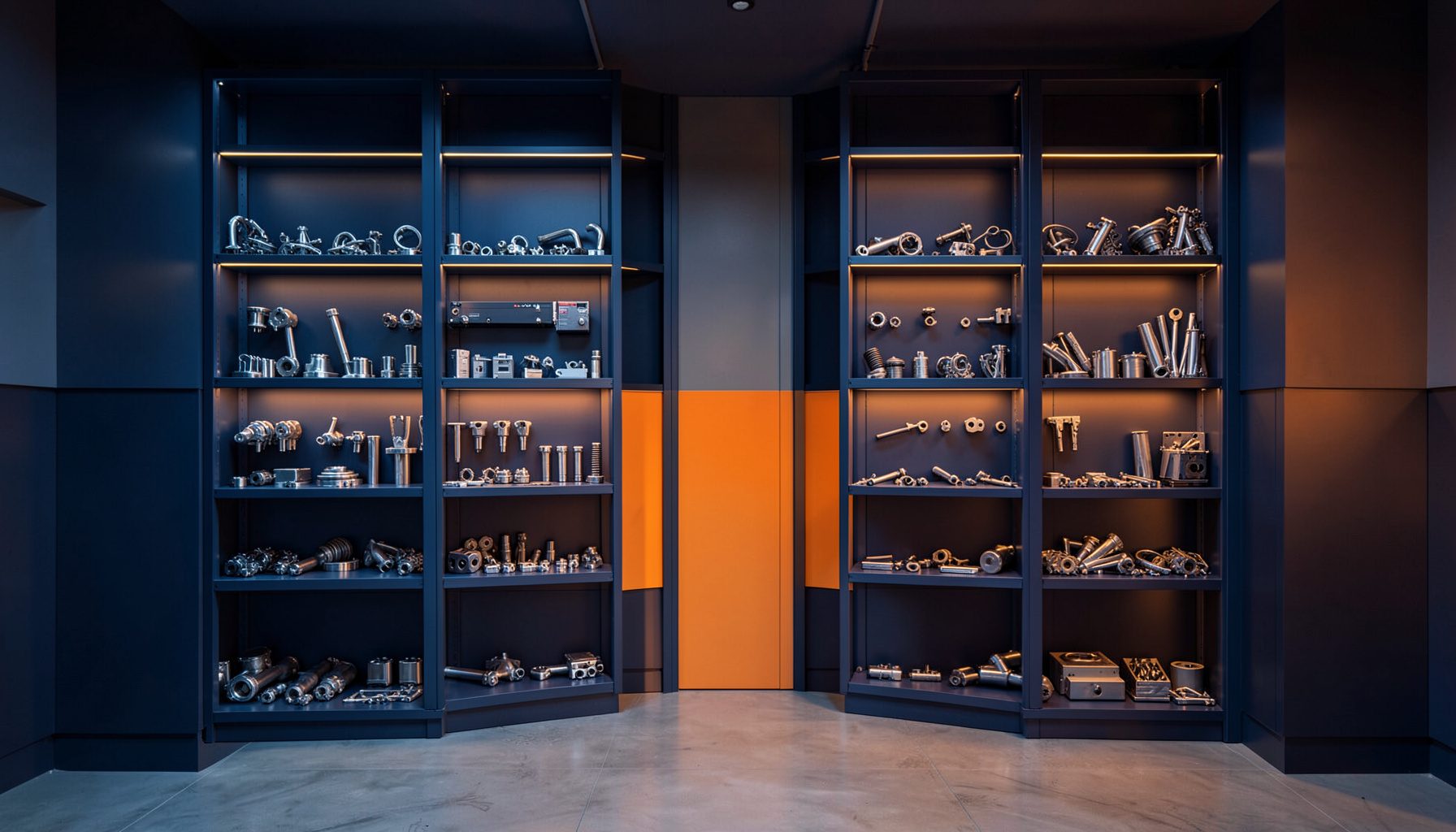 Symmetrical workshop shelving lined with neatly arranged motorcycle parts and metal components, lit in cool navy and warm orange tones, giving an organised and professional mood