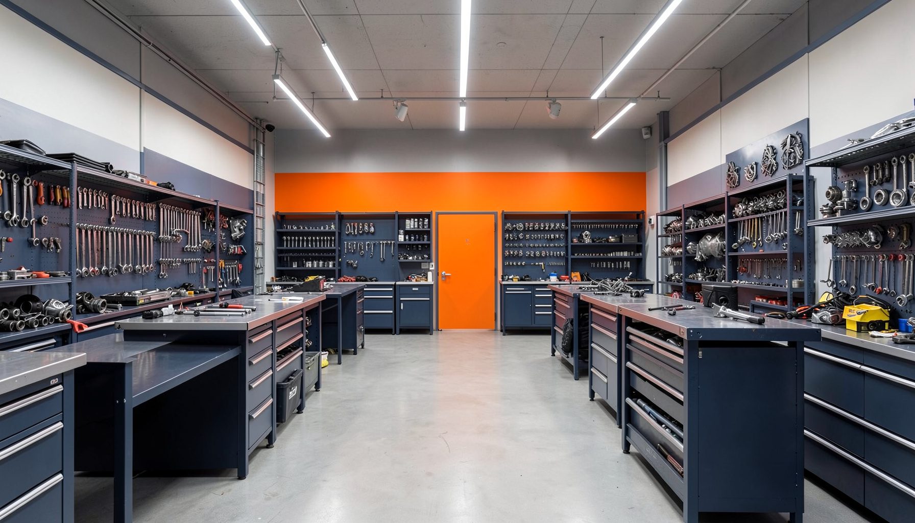 Wide-angle view of a clean, well-lit motorcycle workshop with tool benches and parts shelving in muted navy and steel tones.