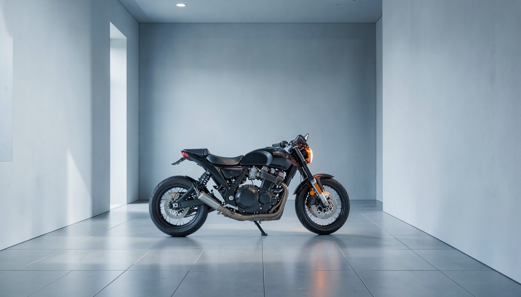 Workshop interior with a parked motorcycle on a clean tiled floor, soft natural light, muted blue and grey tones, calm and orderly atmosphere